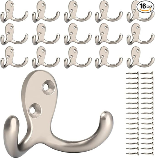 IBosins 16 Pack Heavy Duty Double Prong Coat Hooks Wall Mounted with 32 Screws Retro Double Hooks Utility Hooks for Coat, Scarf, Bag, Towel, Key, Cap, Cup, Hat(Silvery)