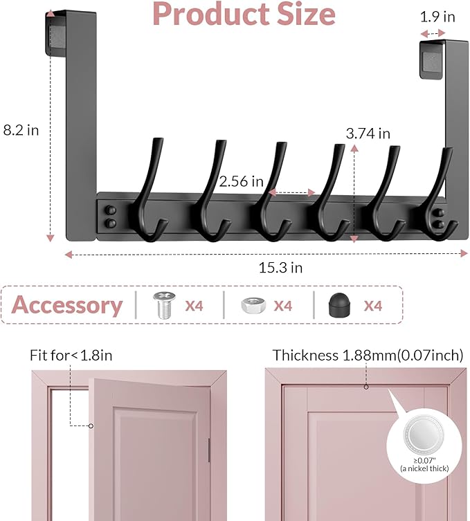 BAKON 2 Packs Over The Door Towel Rack with 6 Hooks, Heavy Duty Over Door Hooks for Hanging Clothes Coat Hat Jacket, Door Hanger Home Organizer for Bathroom Closet Bedroom Kitchen