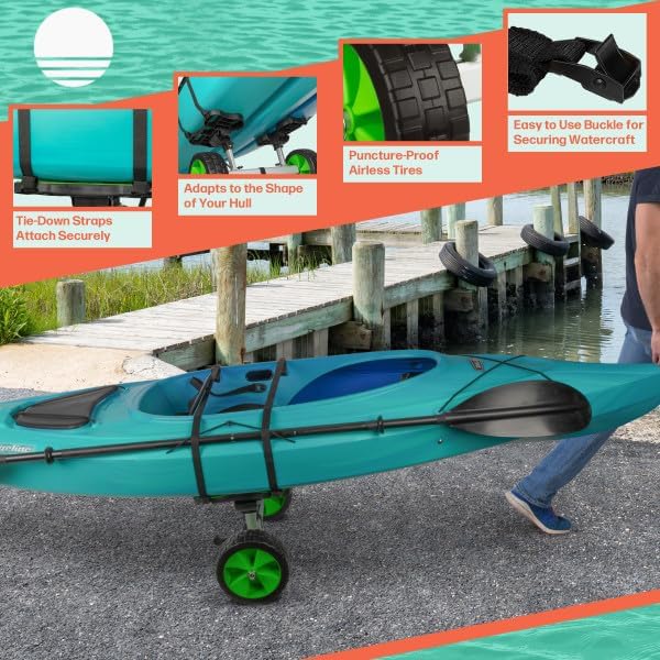 Kayak Cart - 140lb Capacity Canoe Dolly with Airless Tires, Aluminum Frame, and Straps for Small Watercraft - Kayak Accessories by RAD Sportz (Green)