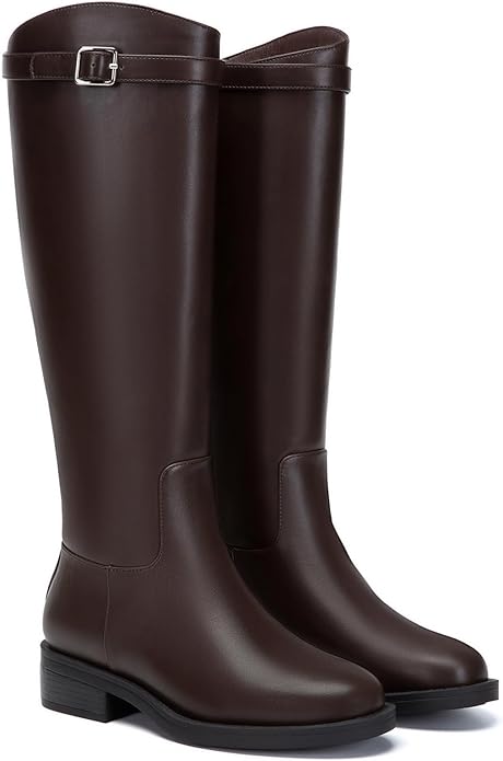 Athlefit Women's Knee High Riding Boots Round Toe Low Heel Tall Boots Pull On Long Booties with Buckle