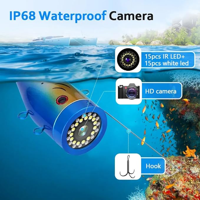 Underwater Fishing Camera with 7 Inch LCD Monitor, HD 1000 TVL Portable Fish Finder, 30Pcs Adjustable LED White Lamp Light, 30M Cable Waterproof IP68 Camera for Ice Lake Sea Boat Kayak Fishing