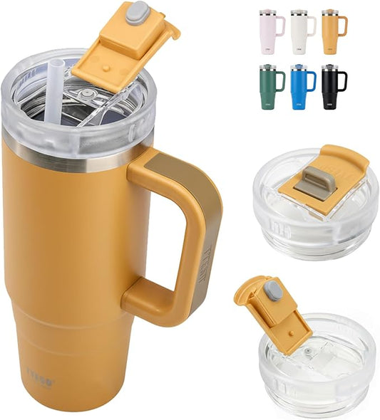 TYESO Vacuum Insulated Tumbler Water Bottle Cold Insulation Stainless Steel Bottle Straw Handle Mug Double Wall Wide Mouth (YELLOW, 30 oz)