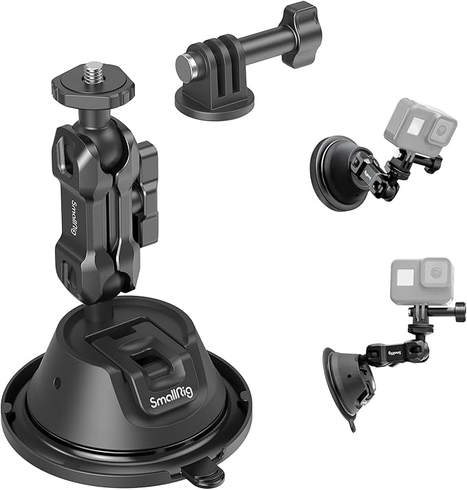 SMALLRIG Double-Layer Suction Cup Mount for GoPro Hero 11/10 / 9, for DJI Osmo Action/Procket, for Insta360 X3, Double Ball Head Support 360° Rotation, Mount on Car Windshield or Window SC-1K - 4193