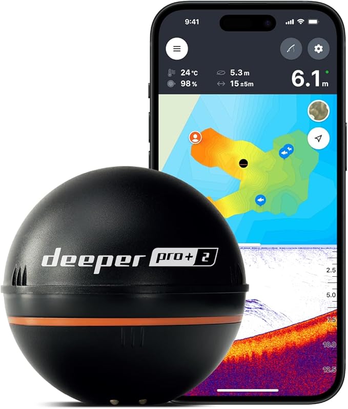 Deeper PRO+ 2 スマートソナー 魚群探知機 - カヤック、ボート、氷上釣りに対応したGPS搭載ポータブル魚群探知機兼深度探知機 | 無料の使いやすいアプリ付きキャスト可能Deeper魚群探知機
