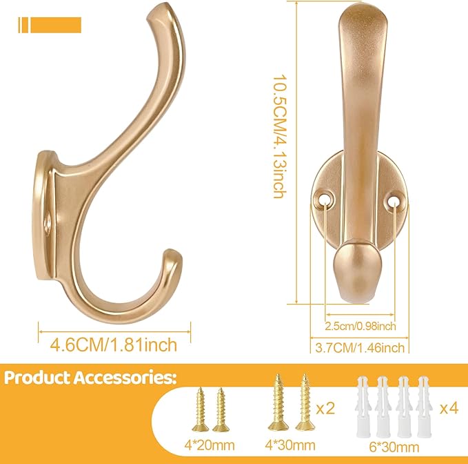 4 Pack Coat Hooks Wall Mount Heavy Duty Utility Retro Double Hooks for Hanging Coats,Hat, Towel, Key, Robe, Scarf, Bag, Cap (Gold)