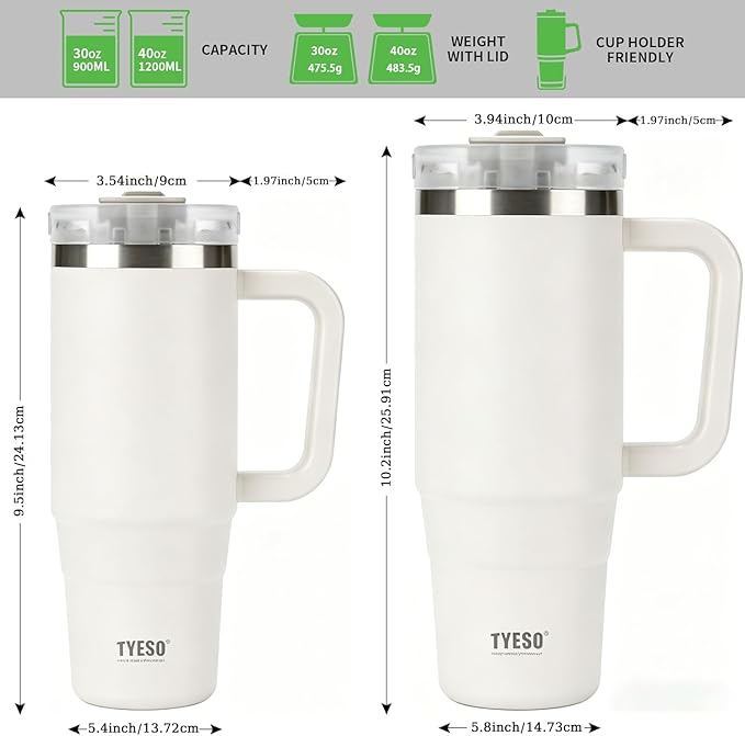 TYESO Vacuum Insulated Tumbler Water Bottle Cold Insulation Stainless Steel Bottle Straw Handle Mug Double Wall Wide Mouth (White, 40 oz)