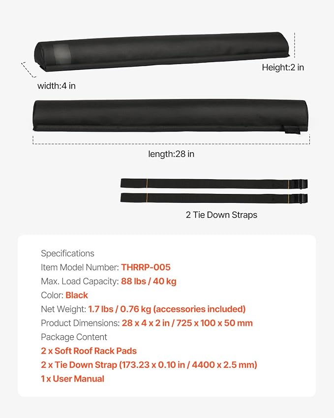 VEVOR Soft Roof Rack Pads, 28" Universal Car Roof Rack Pads for Various Crossbars, 88LBS Load Capacity Luggage Kayak Carrier with 2 Tie Down Straps & Velcros for SUPs Canoes Snowboards Paddle Boards