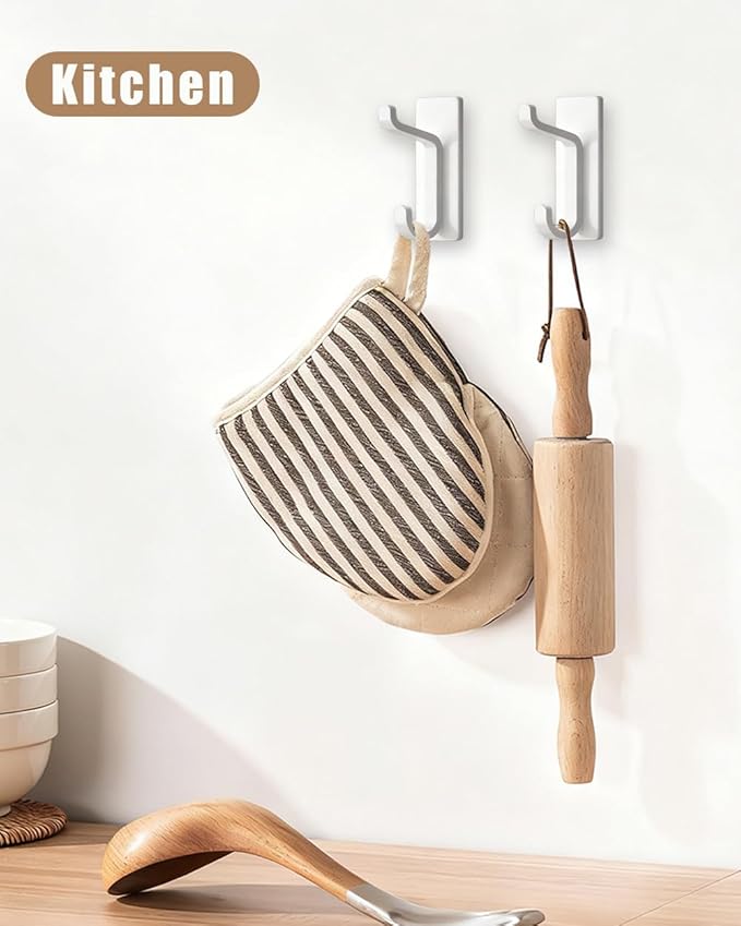 6 Pack Adhesive Wall Hooks - 15lbs Extra Stick On Hooks Heavy Duty Coat Hooks for Walls No Damage - Strong Sticky Hook for Hanging Key Purse Towel in Bathroom Kitchen Door, White