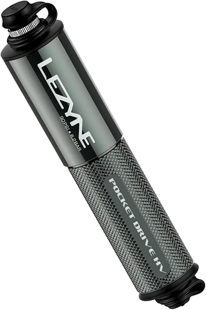 LEZYNE Pocket Drive HV Compact Bike Hand Pump, Pump-Only & Loaded Kit Options | 90 PSI High Volume Portable Bicycle Pump for Plus-Size Tires, CNC Aluminum, ABS Flex Hose, Presta & Schrader Compatible