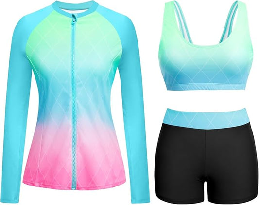 Holipick レディース長袖水着 - 3ピースラッシュガード ショートパンツ付き ジッパー付きSPFスイムシャツ ブラ内蔵