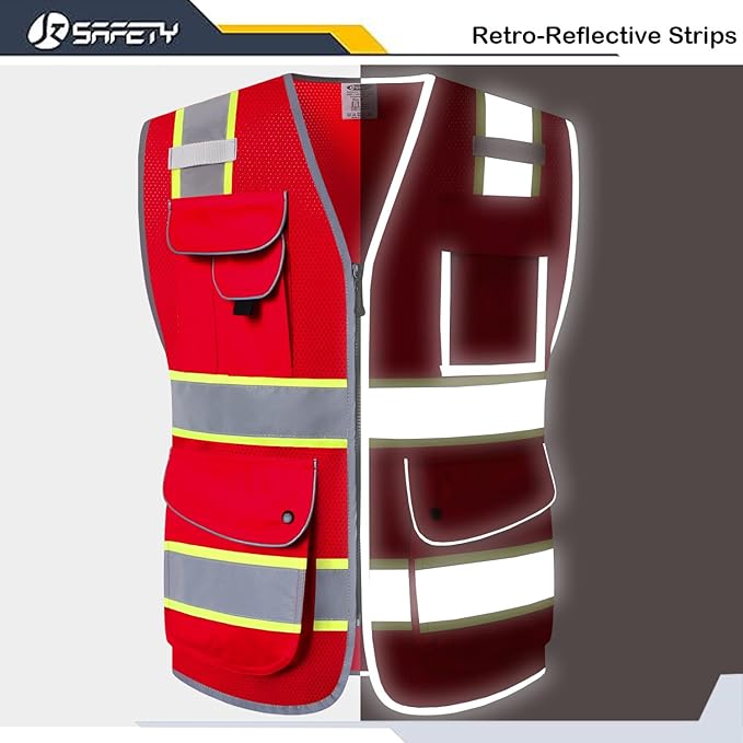 JKSafety 9 Pockets Hi-Vis Neon Red Zipper Front MESH Safety Vest with Fluorescent Yellow Extend Edge outlining the Reflective Tapes Meet ANSI/ISEA Class 2 Standard (100-Red, 5X-Large)