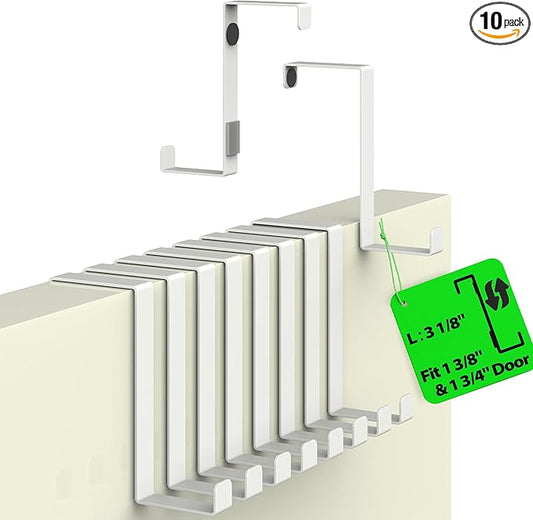 Menz Set of 10 Over The Door Hooks - White Coat Hanger, 2-Sided Towel Holder fits 1 3/8" & 1 3/4" - Hooks for Hanging with Anti-Scratch Felt Pads, Wreath Hanger with Removable Sticky Non-Slip Dots