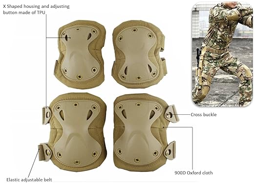 Military Tactical Knee Pad Elbow Pad Set Airsoft Knee Elbow Protective Pads Combat Paintball Skate Outdoor Sports Safety Guard Gear (X-Shape Khaki, M, 4pcs Set)
