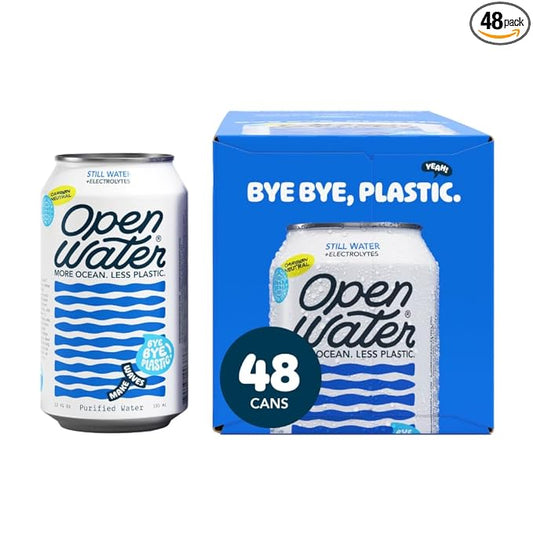 Open Water Still 12oz Cans (4 Cases, 48 Cans) - Sustainable Aluminum Canned Still Water With Electrolytes - 7.0 pH Balanced BPA-Free Ultra-Purified Water