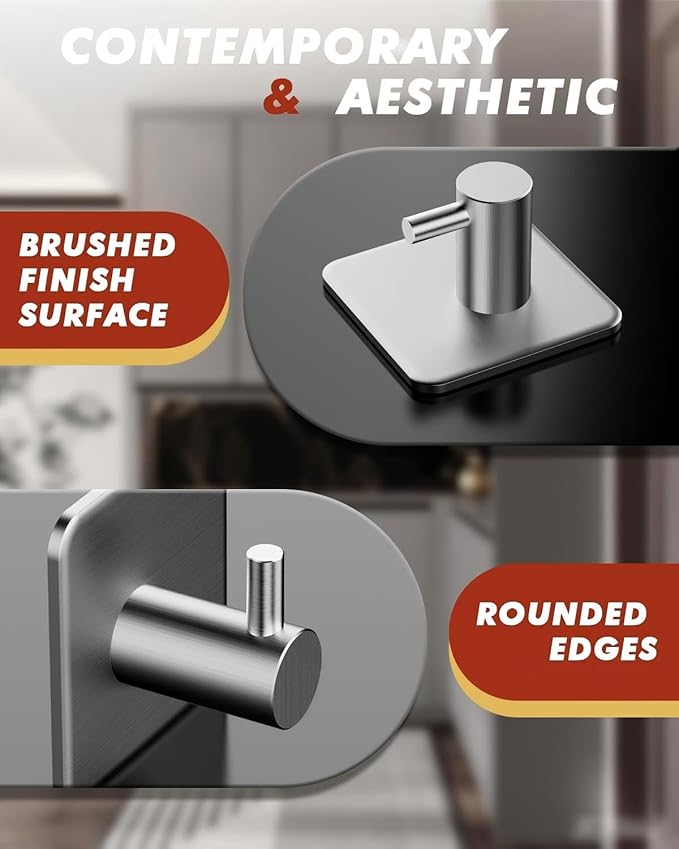 Auxmir Adhesive Hooks Heavy Duty 22lb(Max) Towel Hooks for Shower, 5 Pack Self Adhesive Damage Free Wall Hooks, Stainless Steel for Coat Robe, Waterproof Oilproof Rustproof for Bathroom Kitchen Office