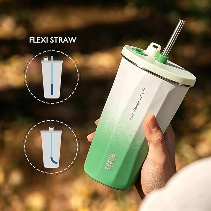 TYESO Stainless Steel Coffee Bottle, 20oz Wide Mouth Travel Coffee Cup with Straw, Vacuum Insulated Stainless Steel Tumbler, Hot & Cold Thermal Mug for Home Office Outdoor, Green