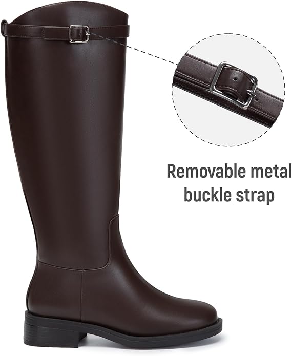 Athlefit Women's Knee High Riding Boots Round Toe Low Heel Tall Boots Pull On Long Booties with Buckle