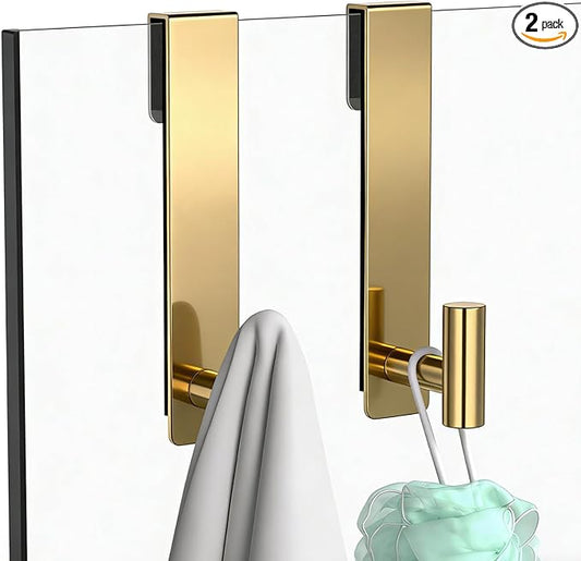 PMMASTO Shower Door Hooks, (7.5 Inch) Extended Towel Hooks for Bathroom Frameless Glass Shower Door, Stainless Steel Heavy Duty Hooks (Gold, T Shape-Fits 3/8" Thick Door)