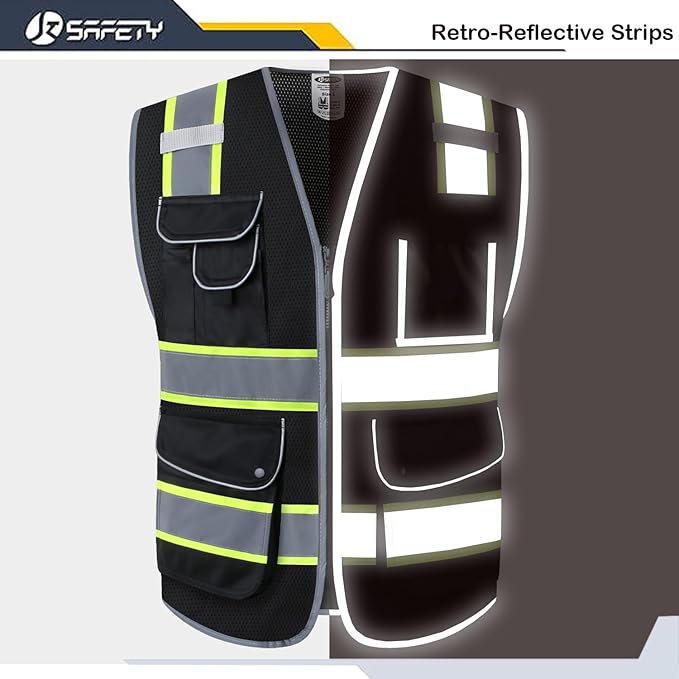 JKSafety 9 Pockets Hi-Vis Black Safety Vest for Men Women High Visibility Reflective Construction Mesh Fabric Cushioned Collar Work Utility PPE Work Gear ANSI/ISEA compliant (100-Black, 3XL)