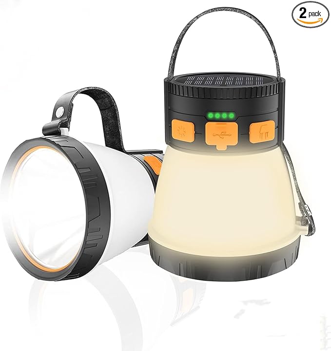 LEDキャンプランタン2個パック、1500ルーメン充電式ソーラーパネル充電、防水、8つの点灯モード、7500mAhパワーバンク、ハリケーン緊急時、アウトドア用キャンプ懐中電灯
