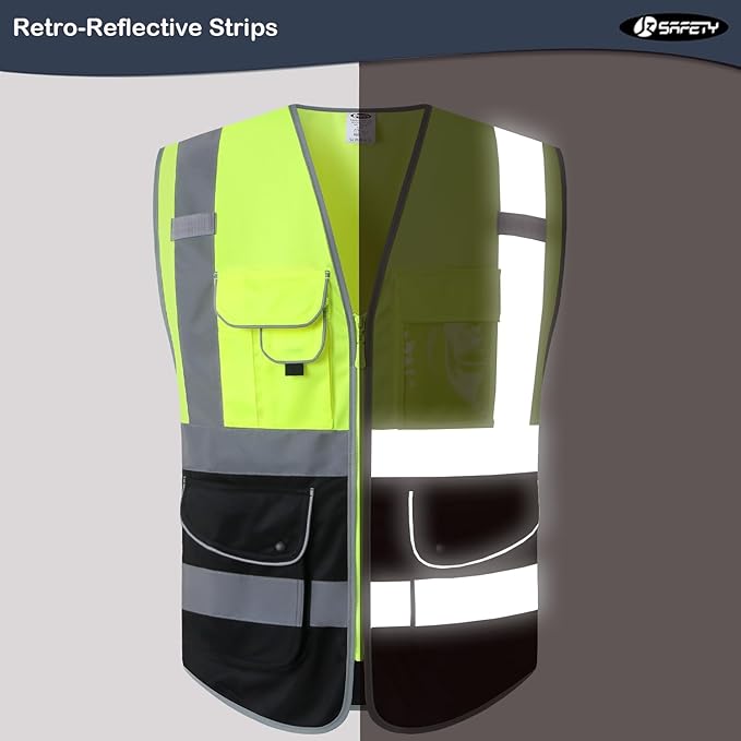 JKSafety 9 Pockets High Visible Reflective Safety Vest Zipper Front Breathable Lining, Yellow-Black Meets ANSI/ISEA Standards(150-Yellow-Black, XXL