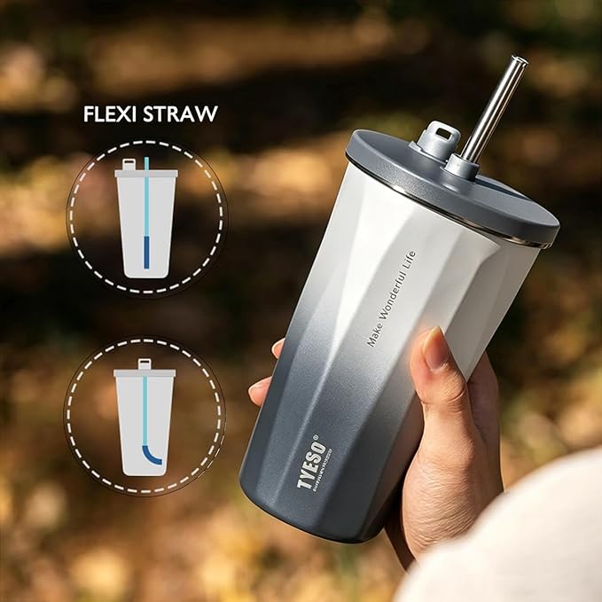 TYESO Stainless Steel Coffee Bottle, 20oz Wide Mouth Travel Coffee Cup with Straw, Vacuum Insulated Stainless Steel Tumbler, Hot & Cold Thermal Mug for Home Office Outdoor, Sliver