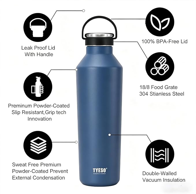 TYESO Stainless Steel Vacuum Insulated Water Bottle, Insulated Water Bottle with Soft Silicone Carry Handle (BLUE, 25 OZ)