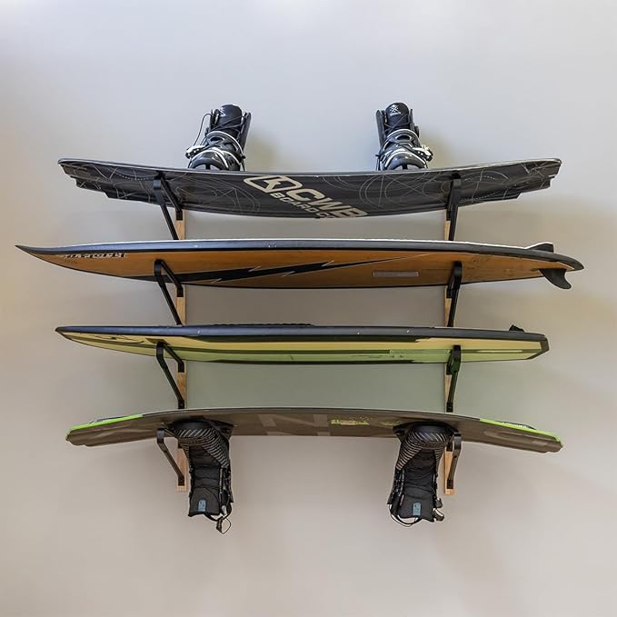 StoreYourBoard Avon Wakeboard Storage Rack, 4 Level Wall Mount Water Ski and Wake Surf Board Organizer, Natural Wood and Solid Steel Holds 200 lbs