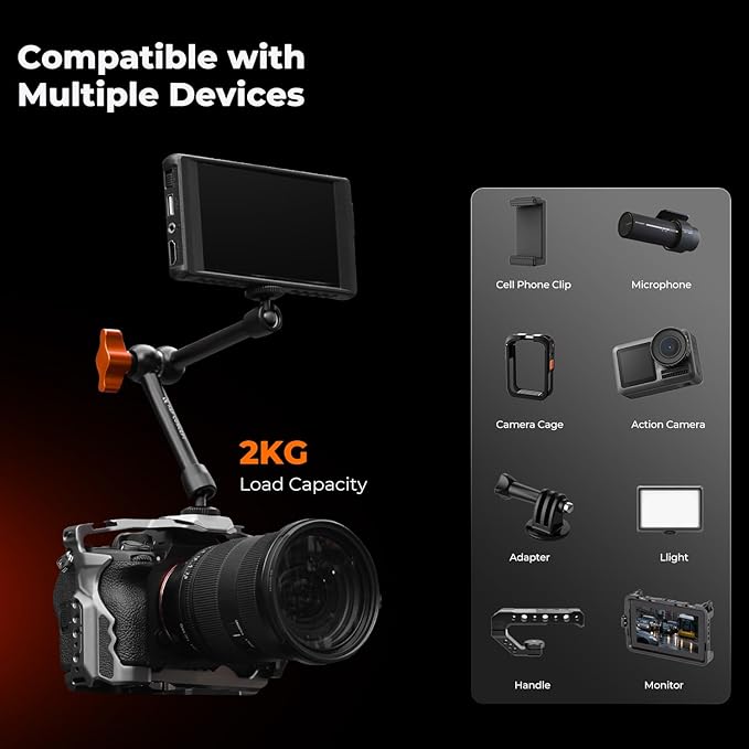 K&F CONCEPT 2-Pack 9.8" Magic Arm, 1/4" Screw Camera Mount Arm 360° Ball Heads for DSLRs, Monitor, Flash, LED Light, Microphone, Camera Cage, Action Camera
