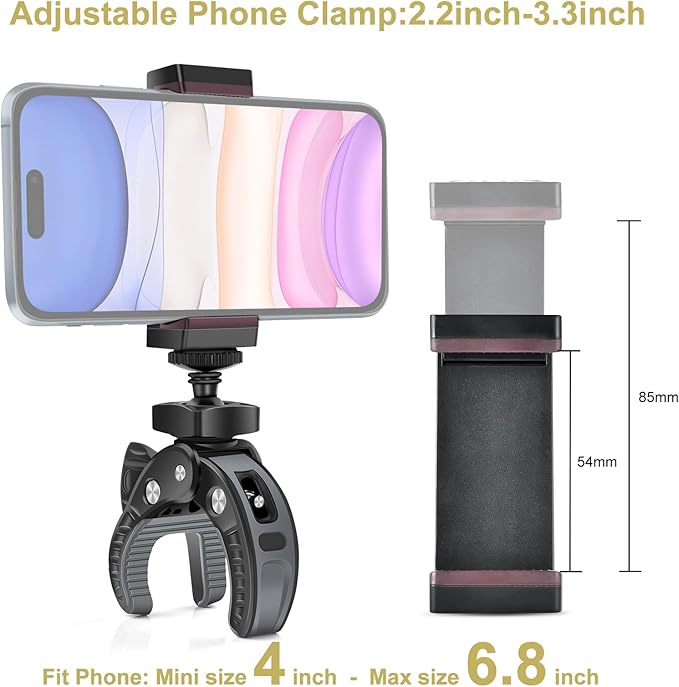 UTEBIT Camera Mount Clamp, Umbrella Clamp Motorcycle Camera Pole Mount Desk Holder Accessories, 360° Ballhead 1/4" Thread Holes with Phone Tripod Mount, Super Clamp for Gopro/DSLR/Stabilizer