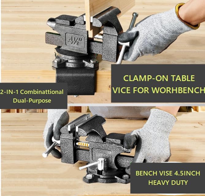 Bench Vise 4-1/2in Multi-Purpose Bench Vice Clam on Vise, Heavy Duty Cast Iron Bench Clamp with Anvil-Multi-Jaw Swivel Base - Bnech Vice for Workbench, Woodworking, Workshop DIY