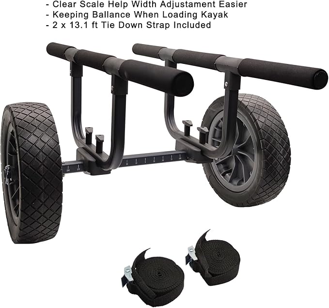 Heavy Duty Kayak Cart, Width Adjustable Canoe Cart with 12inch Flatfree Beach Wheels Boat Dolly Cart Transport Carrier