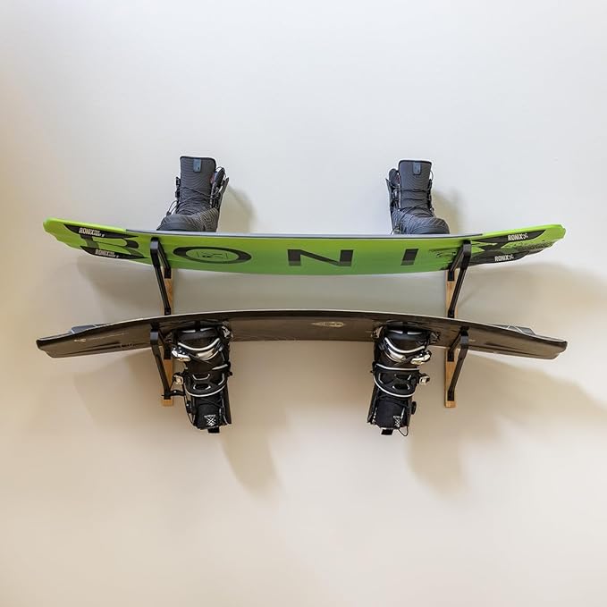 StoreYourBoard Avon Wakeboard Storage Rack, 2 Level Wall Mount Water Ski and Wake Surf Board Organizer, Natural Wood and Solid Steel, Holds 100 lbs