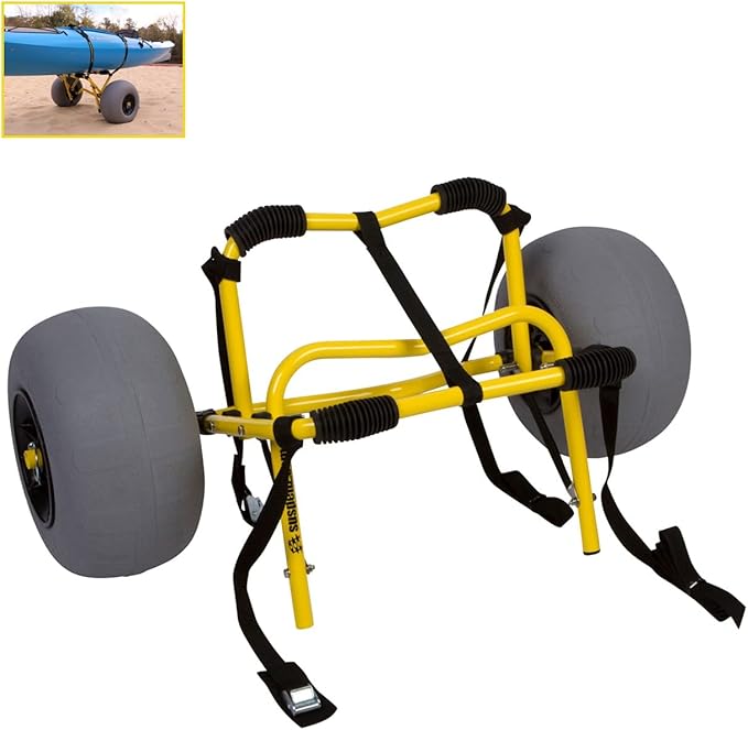 Suspenz Kayak Beach Cart Trailer, DLX Canoe Trolley with Balloon Wheels Sand Tires and Straps, Yellow, Flat Platform, 22-7044