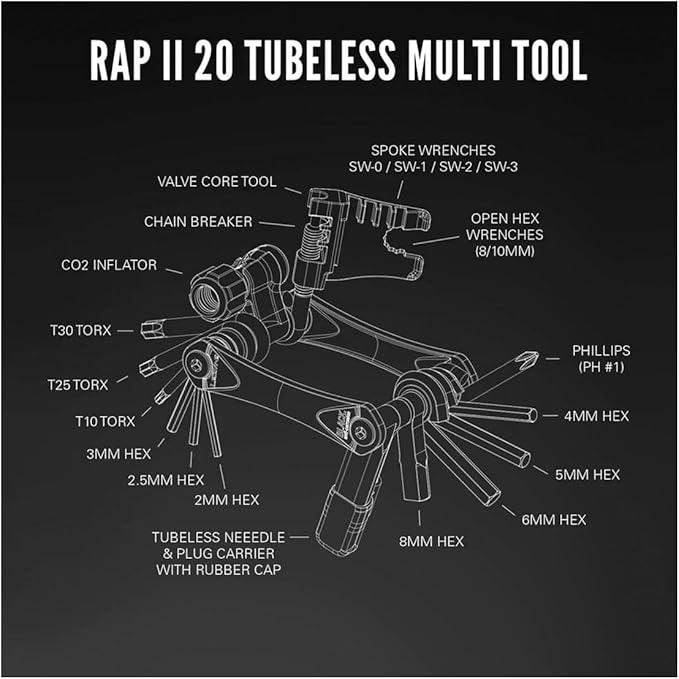LEZYNE RAP II Bicycle Multi-Tool, Anti-Corrosion CRV Bits, Hex, Torx, Ergonomic Side Plates, High Performance Compact Bike Tool (20 Tubeless)