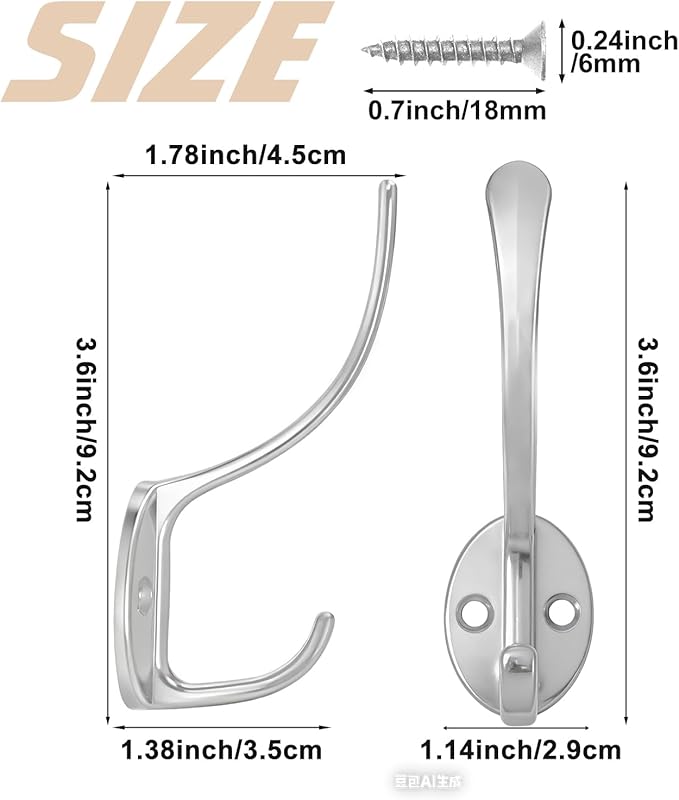 10 Pack Coat Hooks Wall Mounted with 20 Screws, Heavy Duty Silver Towel Hooks Metal Double Hooks, No Rust Retro Rustic Wall Hooks for Hanging Towel, Coat, Scarf, Bag, Hat, Cup, Key
