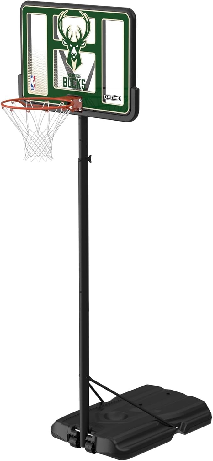 Lifetime NBA Milwaukee Bucks Portable Basketball Hoop, Adjustable Height 7.5-10 Ft, 44 Inch Shatterproof Fusion Backboard, Base with Wheels