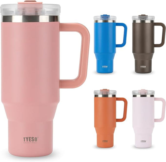 TYESO Vacuum Insulated Tumbler Water Bottle Cold Insulation Stainless Steel Bottle Straw Handle Mug Double Wall Wide Mouth (PINK, 40 oz)