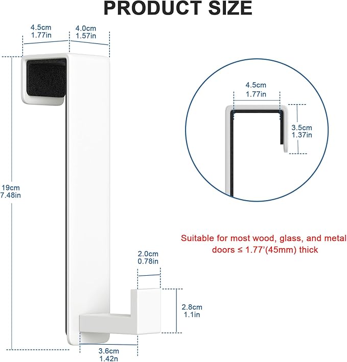PMMASTO 2-Pack Over The Door Hooks - Rustproof Stainless Steel Door Hangers for 1-3/4 Inch Doors, Non-Marking and Tool-Free Easy Install (White, L Shape-Fits 1-3/4" Thick Door)