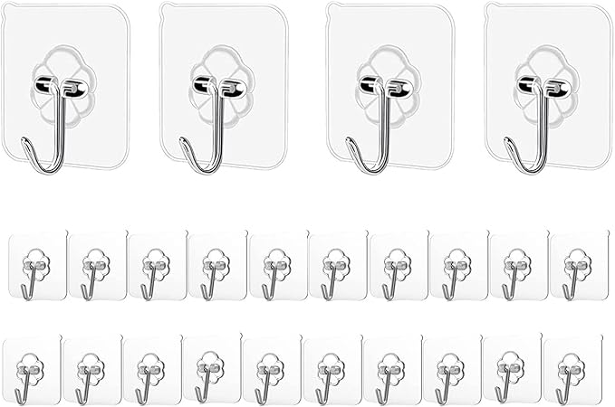 Adhesive Hooks Kitchen Wall Hooks - 24 Packs Heavy Duty 24lb(Max) Nail Free Transparent,Waterproof,Sticky Stainless Hangers for Keys,Bathroom, Shower, Outdoor, Kitchen,Door,Home Improvement,Utility