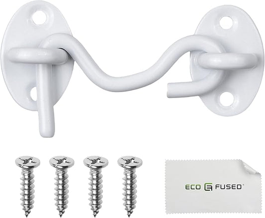 Eco-Fused 3-inch Heavy Duty Hook and Eye Latch - 1x Barn Door Lock (White), 4X Mounting Screws - Powder Coated Stainless Steel Hooks for Door, Windows, Sheds, Fences, Gates, Closets, Cabinets