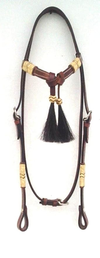 Western Horse Headstall Standard Size – Adjustable Hand Braided Genuine Leather Bridle with Brown Rawhide Knotting Futurity Knot Black Color Hair Tassels, Western Riding Tack, Dark Brown (Full Size)