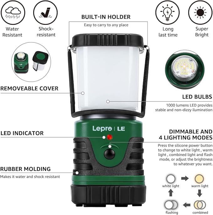Lighting EVER 1000ルーメン LEDキャンプランタン充電式、4400mAhパワーバンク、キャンプ必需品、4つのライトモード、IP44防水ランタン懐中電灯、ハリケーン緊急時、ハイキング、USBケーブル付属