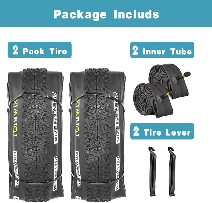2 Pack 26x2.1 / 29x2.125 Bike Tires 3mm Anti-Puncture Layer with or Without 26x1.75/2,125 Inner Tubes for Mountain Trail City Bicycle Folading Replacement Tyres