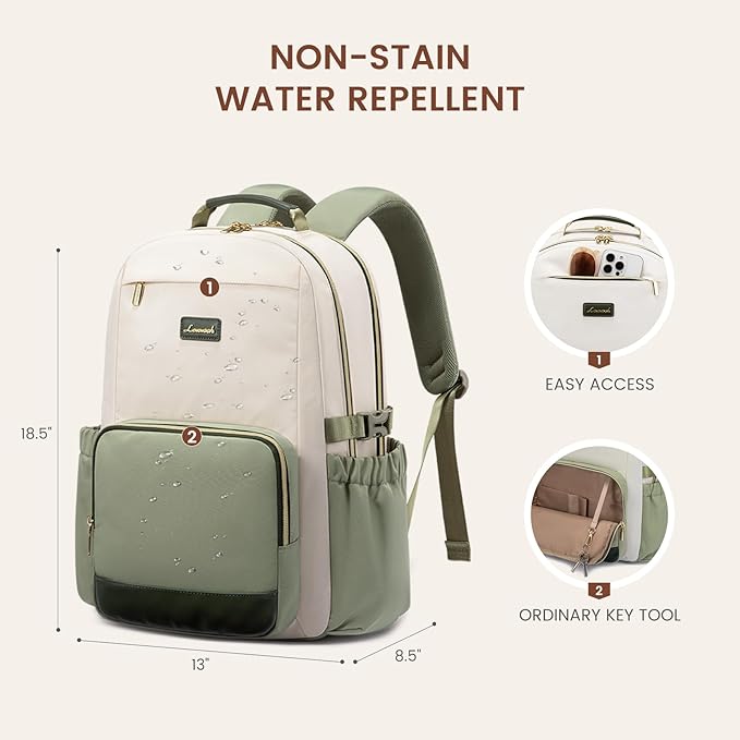 LOVEVOOK Laptop Backpack for Women with Pouch Pocket for Large Capacity Cup,17 Inch Teacher Nurse College Work Backpack Purse,Waterproof Laptop Bag Computer Back Pack for Travel, Beige-Green-Black