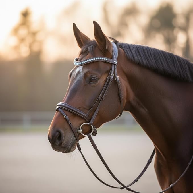 Equine Care Leather English Horse Bridle with Reins, Full Size, Choice of Browband Style, Padded Crown & Cavesson Noseband, Stainless Steel Hardware, Hunter Show Bridle.