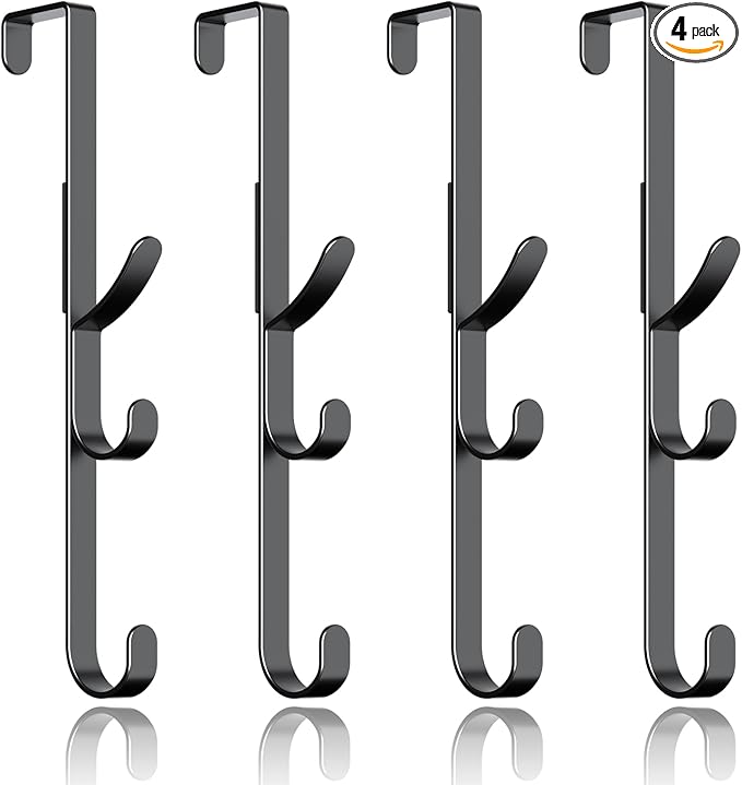 Over The Door Hooks Hanger,Over The Door Towel Hook Organizer Hanging for Coat Clothes Backpack hat Purse Metal Towel Rack Back of Shower for Bathroom,Dorm,Bedroom,Kitchen,Office Closet Black-4Packs