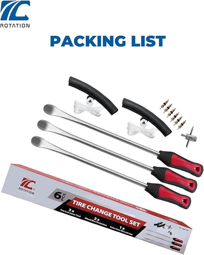 ROTATION 14.5" Steel Tire Spoons Tool Set, 6-Piece Tire Iron Kit, Professional Tire Removal Tools for Motorcycle Dirt Bike Scooter, Include 3 Tire Spoons, 2 Rim Protector, 1 Valve Tool, 6 Valve Cores