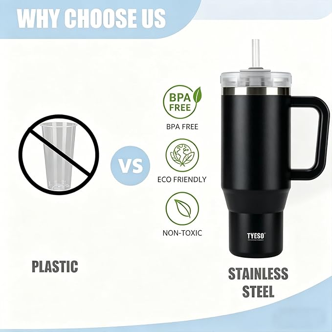 TYESO Vacuum Insulated Tumbler Water Bottle Cold Insulation Stainless Steel Bottle Straw Handle Mug Double Wall Wide Mouth (BLACK, 30 oz)