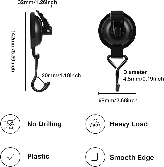Heavy Duty Vacuum Wreath Cup Adhesive Hook,Hanging 13 lbs Robe Towel Hooks, Easy to Install and Remove, Super Suction for Kitchen， Bathroom and Restroom (Shiny Black, 2Pack)